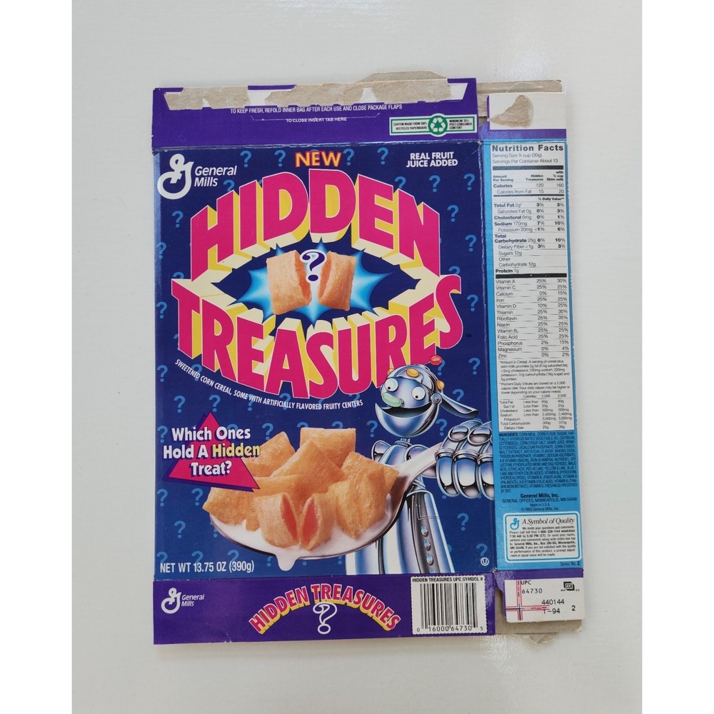 Vintage 1994 HIDDEN TREASURES Cereal‎ Box GENERAL MILLS Packaging Food 90s RARE
